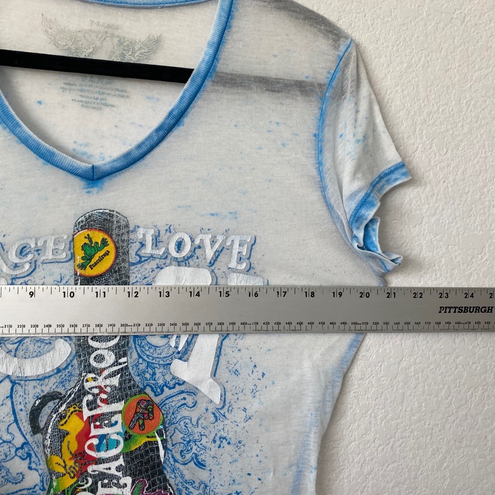 Peace Frogs Y2K Graphic Tee Womens XL White Blue Acid Wash Burnout V Neck Guitar - Picture 5 of 10